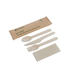 4IN1 WOODEN KNIFE/FORK/SPOON/BRWN NAPKIN